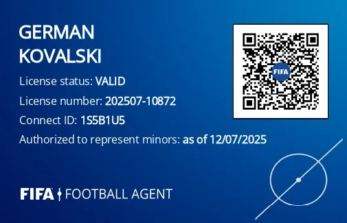 Credencial FIFA Football Agent de Germán Kovalski, licencia 202507-10872